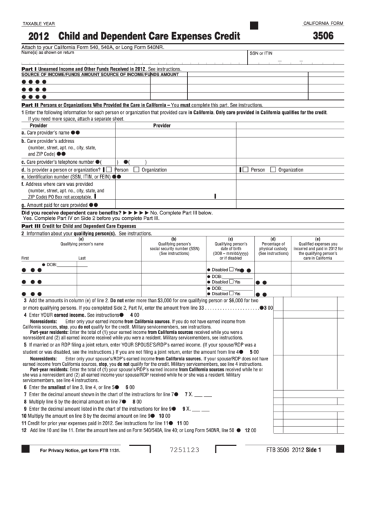 Fillable California Form 3506 - Child And Dependent Care Expenses Credit - 2012 Printable pdf