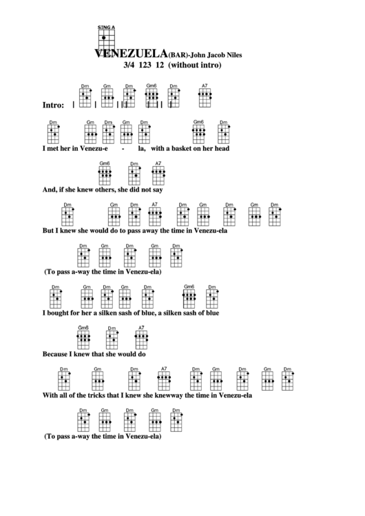Chord Chart - John Jacob Niles - Venezuela (Bar) Printable pdf