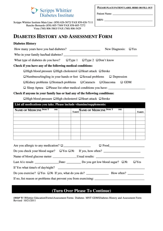 Diabetes History And Assessment Form Printable pdf