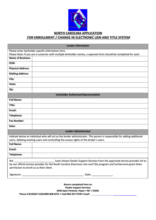 North Carolina Application For Enrollment / Change In Electronic Lien And Title System Printable pdf