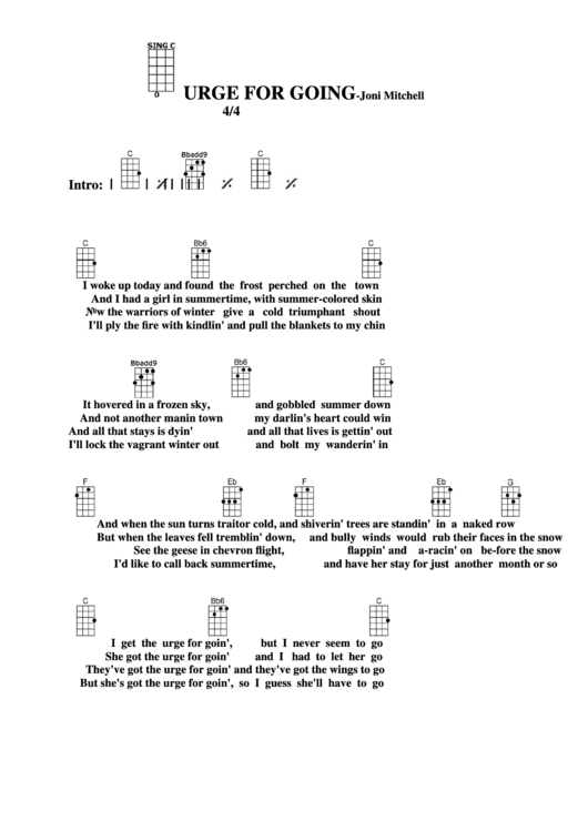 Chord Chart - Joni Mitchell - Urge For Going Printable pdf