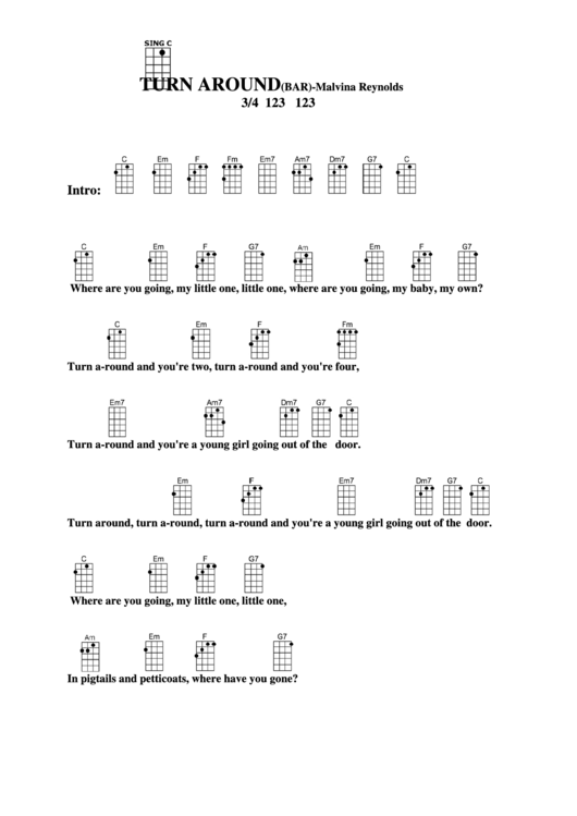 Turn Around (Bar) - Malvina Reynolds Chord Chart Printable pdf