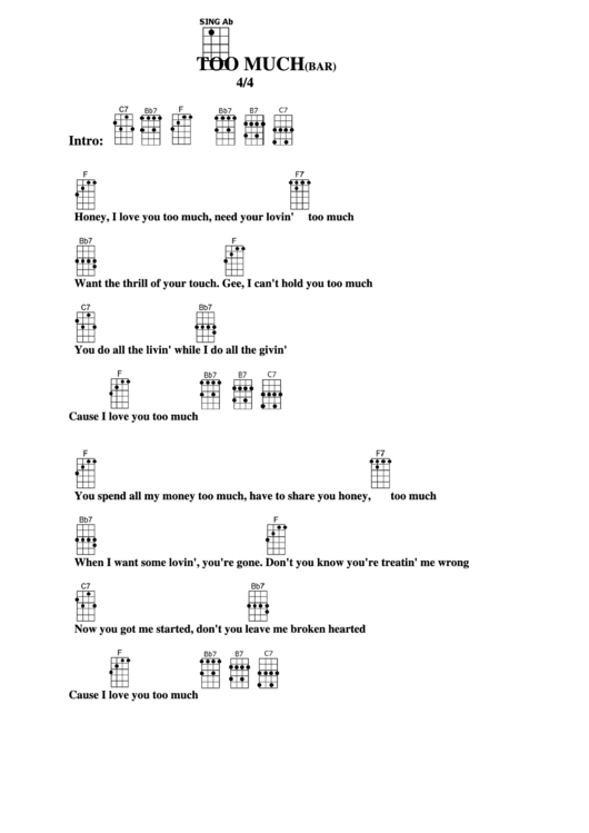 Too Much (Bar) Chord Chart Printable pdf