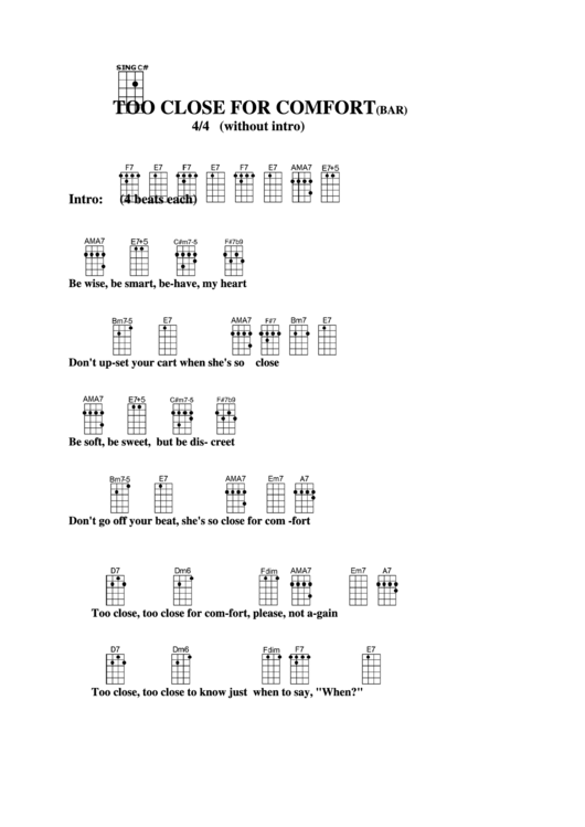 Too Close For Comfort (Bar) Chord Chart Printable pdf