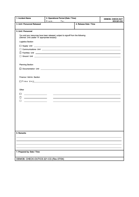 Demob. Check-Out - Ics 221-Cg Printable pdf