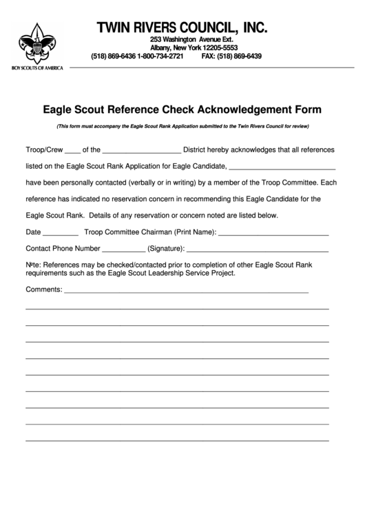 Eagle Scout Reference Check Acknowledgement Form Printable pdf