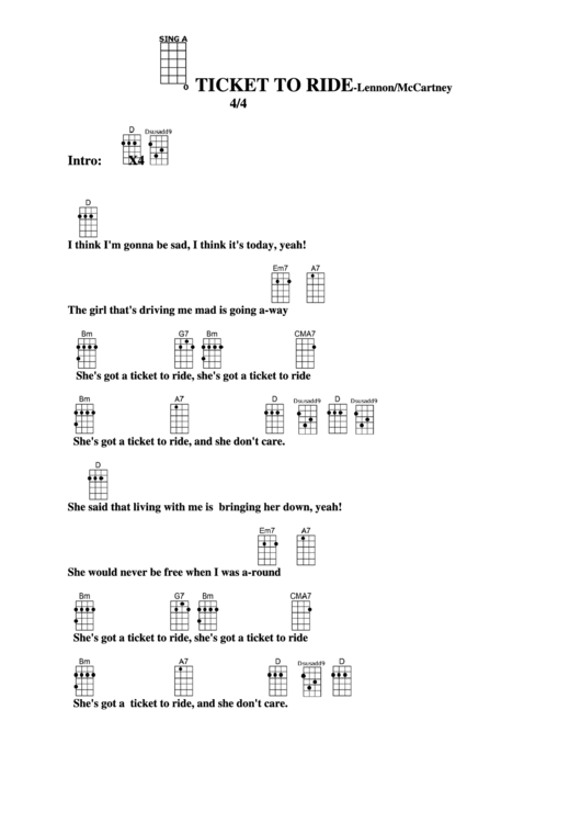 Ticket To Ride - Lennon/mccartney Chord Chart Printable pdf