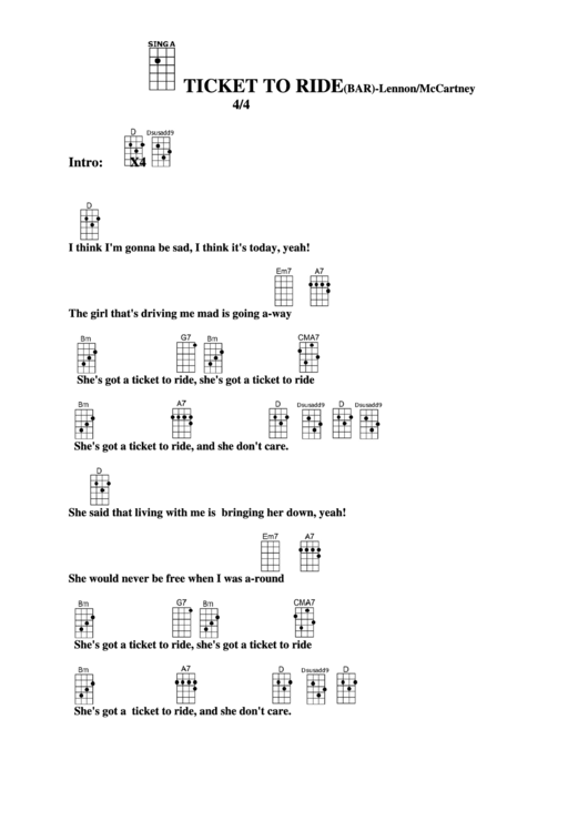 Ticket To Ride (Bar) - Lennon/mccartney Chord Chart Printable pdf