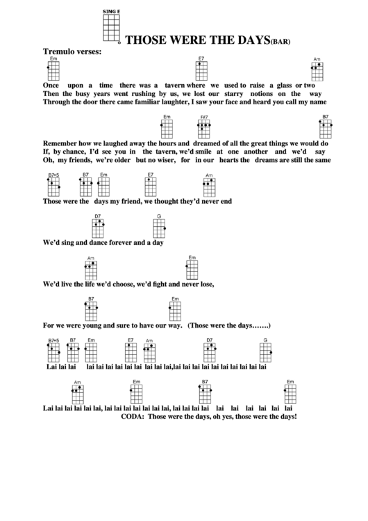 Those Were The Days(Bar) Chord Chart Printable pdf