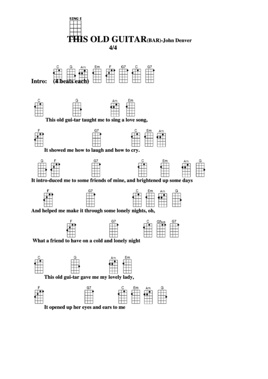 This Old Guitar (Bar) - John Denver Chord Chart Printable pdf
