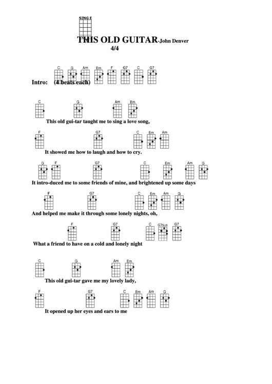 This Old Guitar - John Denver Chord Chart Printable pdf