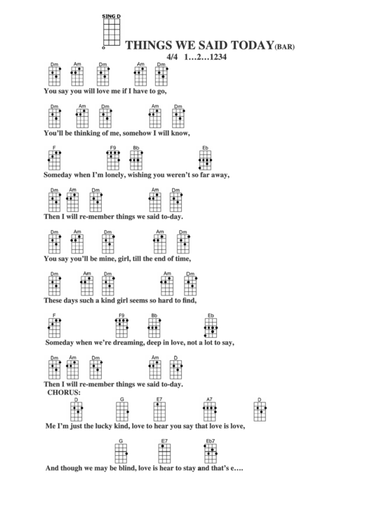 Things We Said Today(Bar) Chord Chart Printable pdf