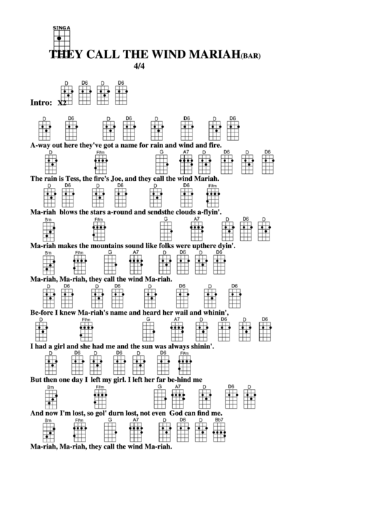 They Call The Wind Mariah (Bar) Chord Chart Printable pdf