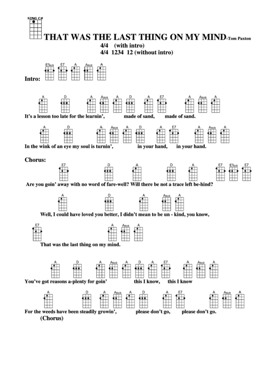 Chord Chart- Tom Paxton - That Was The Last Thing On My Mind Printable pdf