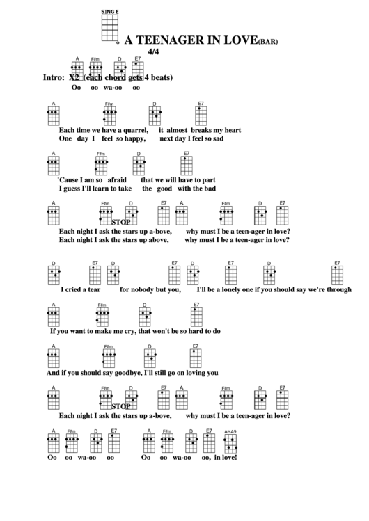 A Teenager In Love (Bar) Chord Chart Printable pdf