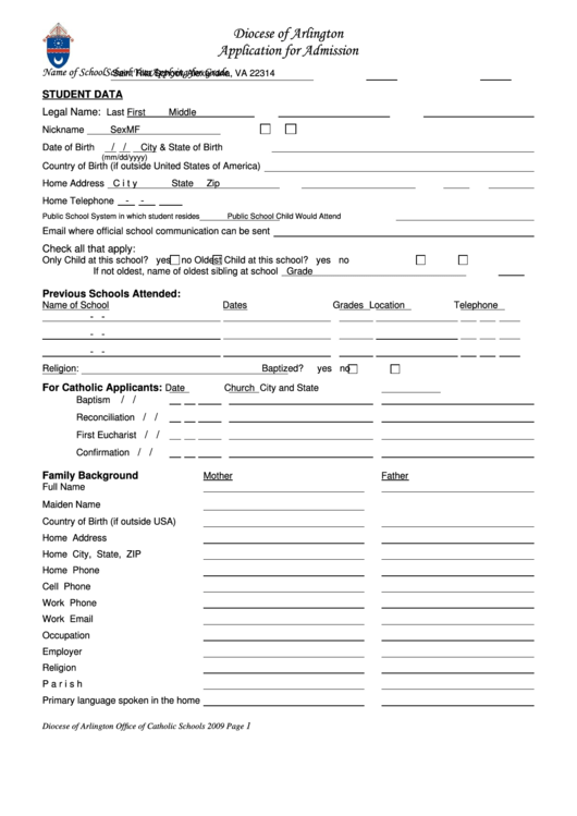 Fillable Application For Admission Form - Diocese Of Arlington Printable pdf