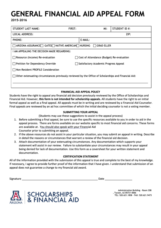 General Financial Aid Appeal Form Printable pdf