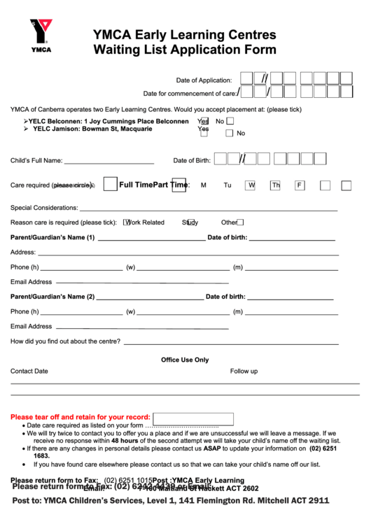 Fillable Ymca Early Learning Centres Waiting List Application Form Printable pdf