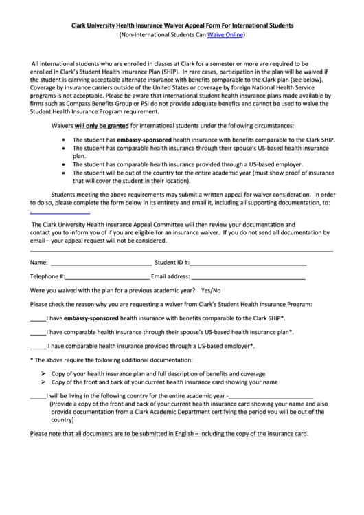 Health Insurance Waiver Appeal Form For International Students - Clark University Printable pdf