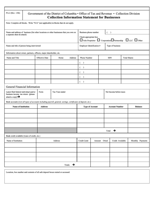 Pa2 Collection Information Statement For Businesses Printable pdf