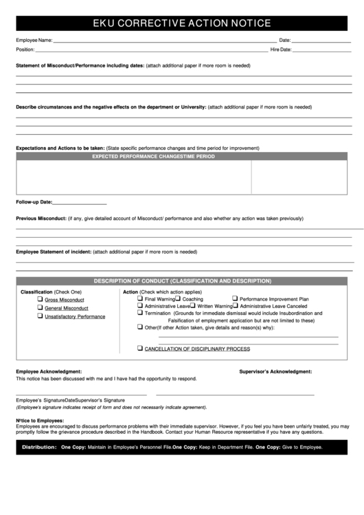Fillable Corrective Action Form - Human Resources - Eastern Kentucky Printable pdf