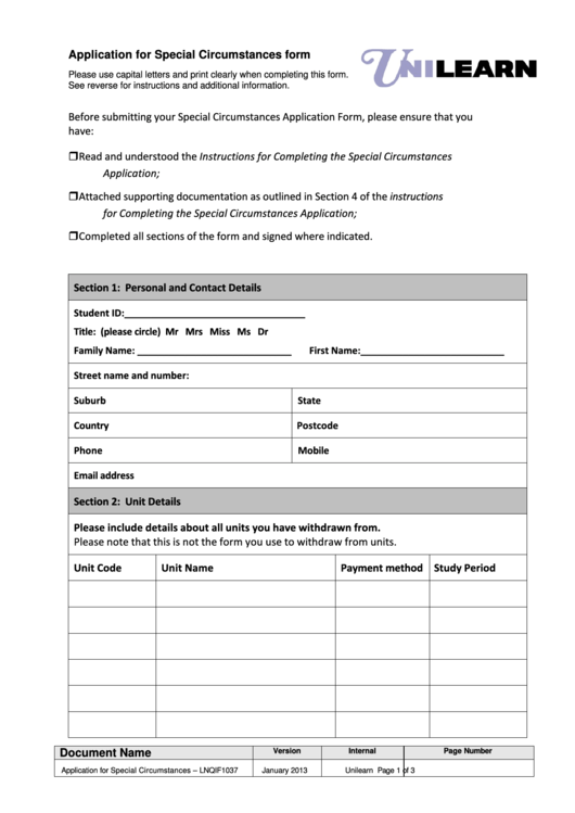 Special Circumstances Request Form Printable pdf