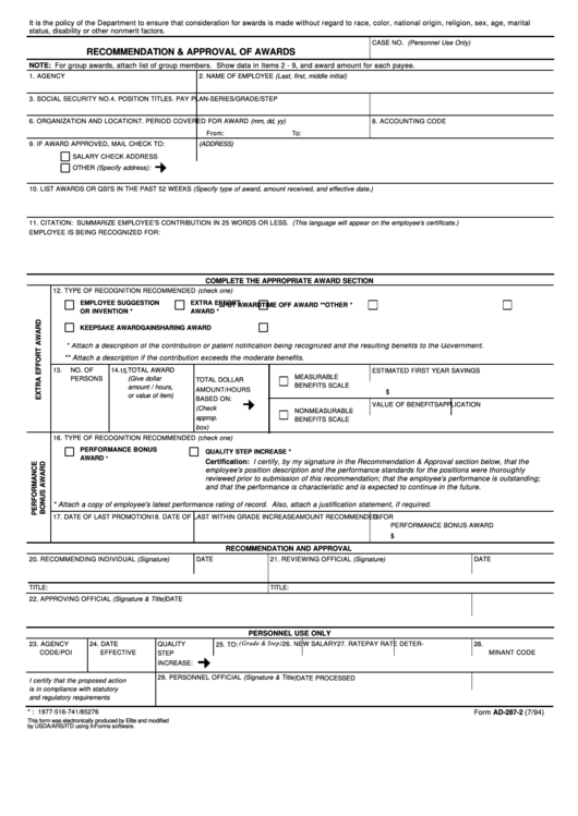 Fillable Form Ad-287-2 - Recommendation & Approval Of Awards Printable pdf