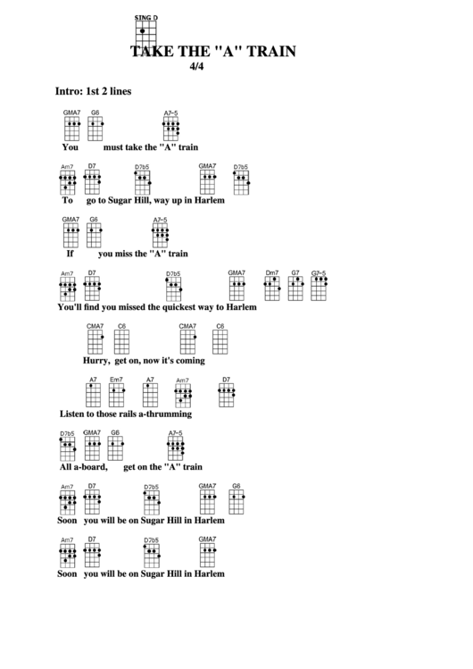 Take The "A" Train Chord Chart Printable pdf