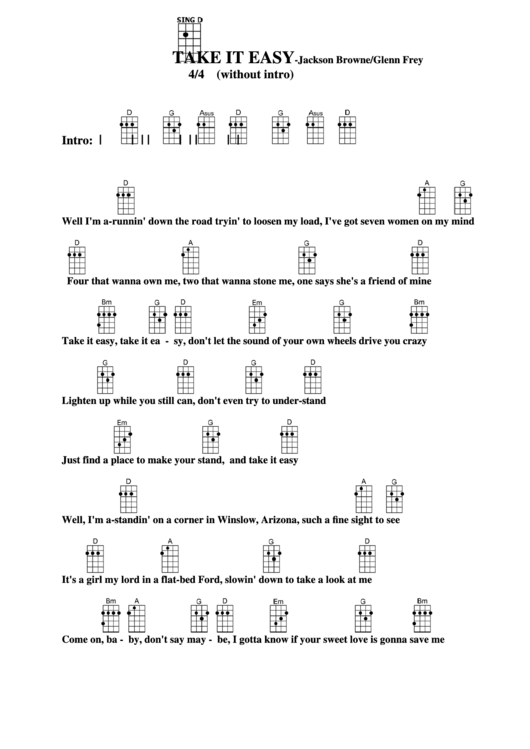 Take It Easy - Jackson Browne/glenn Frey Chord Chart Printable pdf