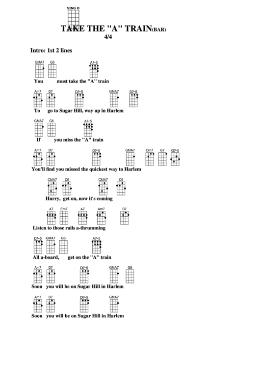 Take The "A" Train(Bar) Chord Chart Printable pdf