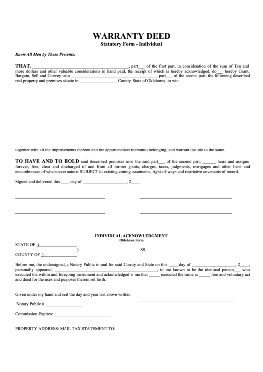 Warranty Deed Statutory Form Printable pdf