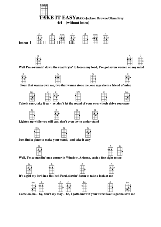 Take It Easy (Bar) - Jackson Browne/glenn Frey Chord Chart Printable pdf