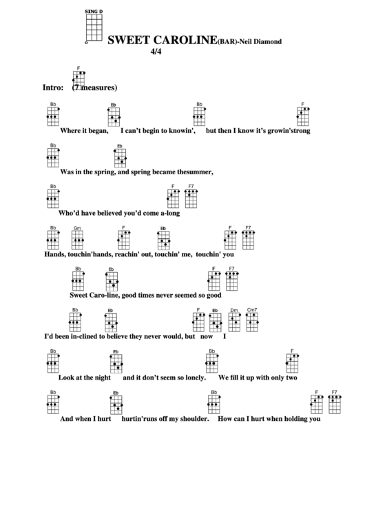 Sweet Caroline (Bar) - Neil Diamond Chord Chart Printable pdf