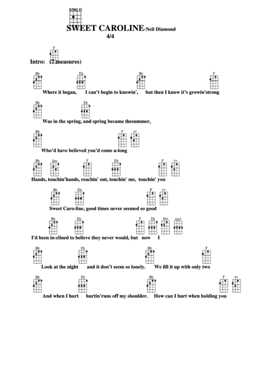 Sweet Caroline - Neil Diamond Chord Chart Printable pdf