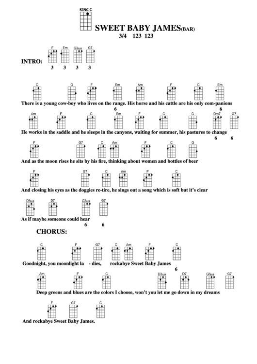 Sweet Baby James (Bar) Chord Chart Printable pdf