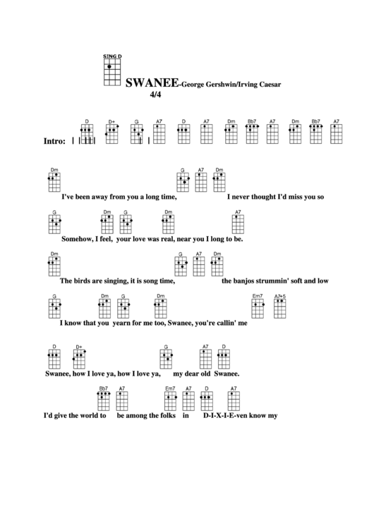 Swanee-George Gershwin/irving Caesar Chord Chart Printable pdf