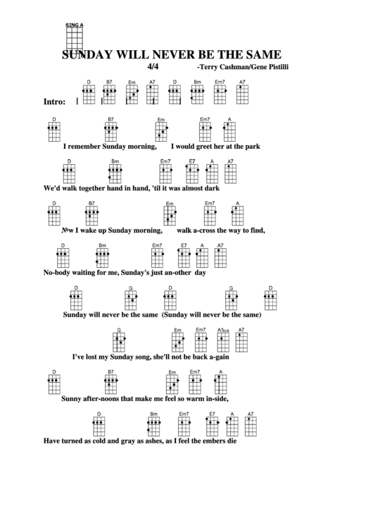 Sunday Will Never Be The Same - Terry Cashman/gene Pistilli Chord Chart Printable pdf
