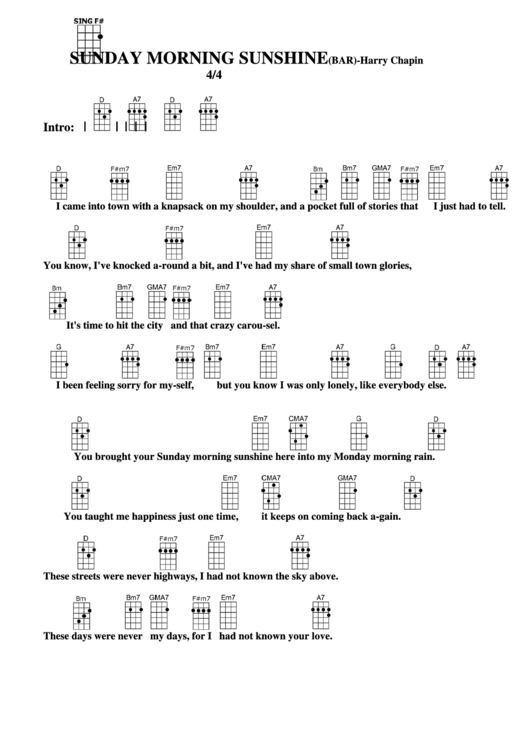 Sunday Morning Sunshine (Bar) - Harry Chapin Chord Chart Printable pdf