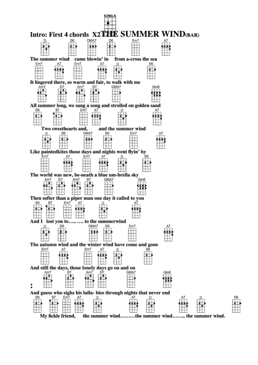 The Summer Wind(Bar) Chord Chart Printable pdf
