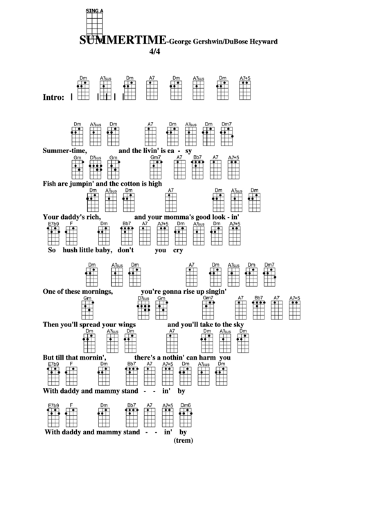 Summertime - George Gershwin/dubose Heyward Chord Chart Printable pdf