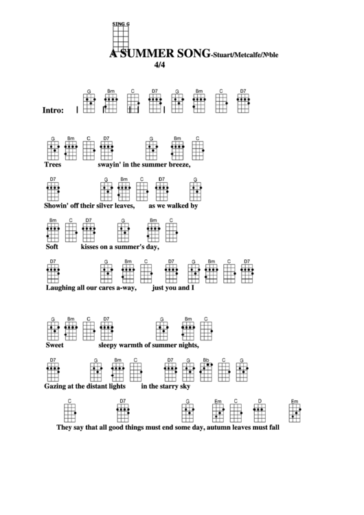 A Summer Song-Stuart/metcalfe/noble Chord Chart Printable pdf
