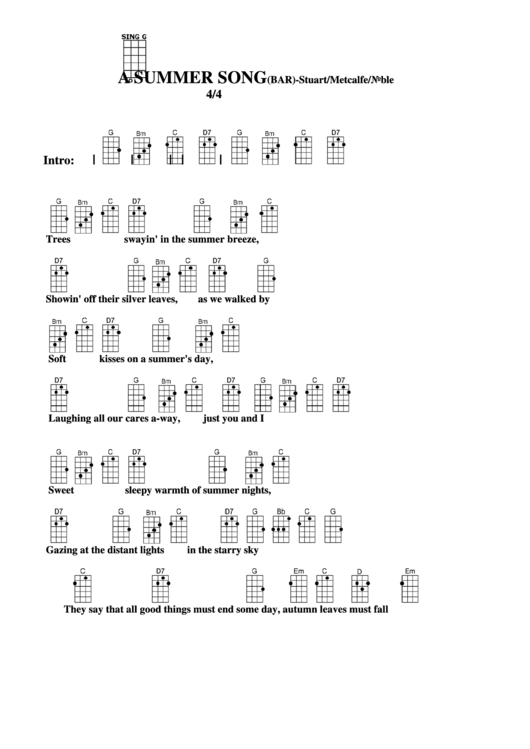 A Summer Song(Bar)-Stuart/metcalfe/noble Chord Chart Printable pdf