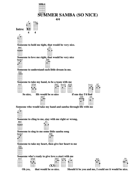Summer Samba (So Nice) Chord Chart Printable pdf