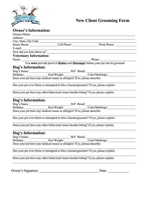 New Client Grooming Form Printable pdf