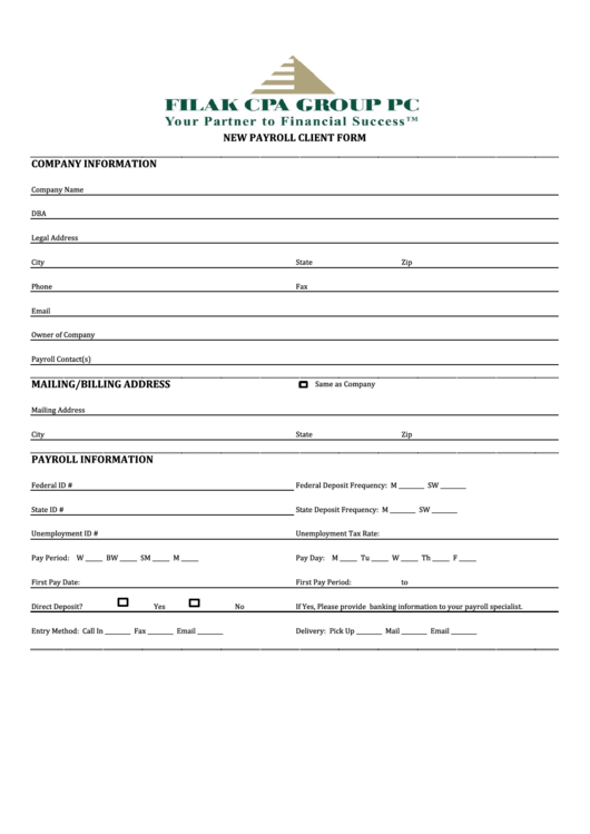 New Payroll Client Form Printable pdf