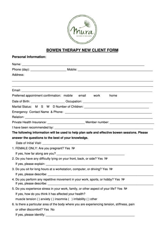 Bowen Therapy New Client Form Printable pdf