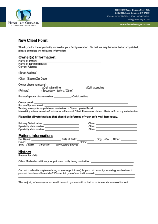 Fillable New Client Form Heart Of Oregon Printable pdf