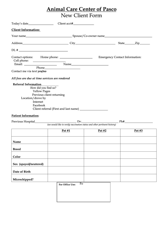 Animal Care Center Of Pasco New Client Form Printable pdf