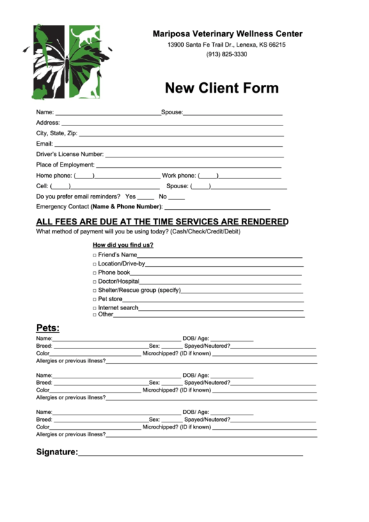 New Client Form Printable pdf
