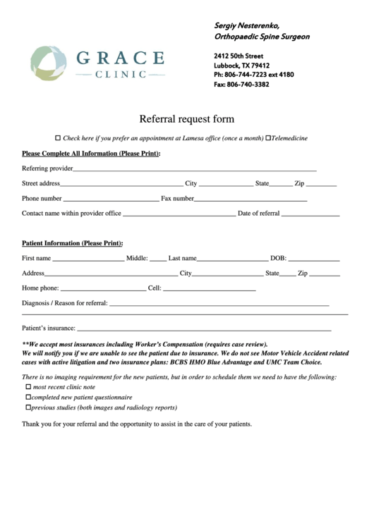 Referral Request Form Printable pdf